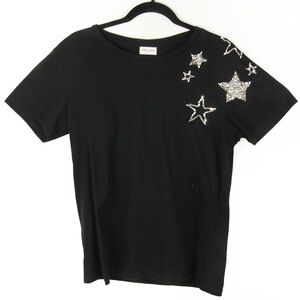 Saint Laurent Paris YSL Silver Crystal Embrodiered Beaded Stars Black Shirt
